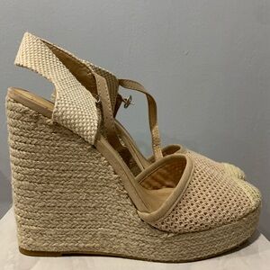 Lucky Brand Crochet Woven Knit Cream and Tan Wedges